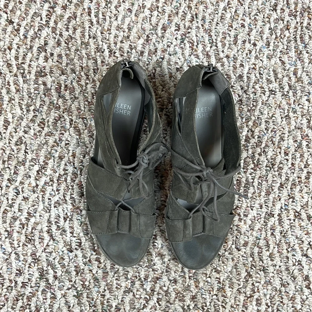 EILEEN FISHER DIBS GREY SUEDE LEATHER LACE-UP WEDGE SANDALS